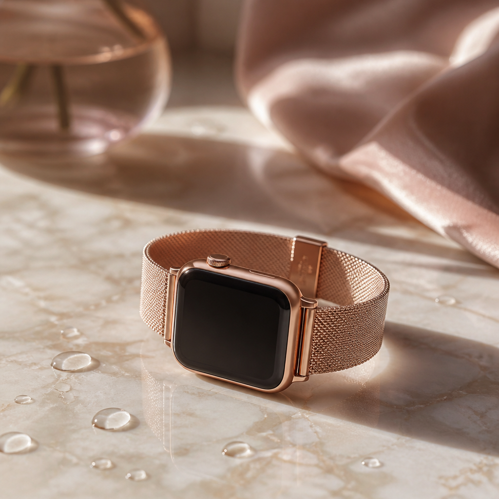 A stylish Radley smart watch resting on a marble surface next to a glass of water, highlighting elegance and moisture protection.