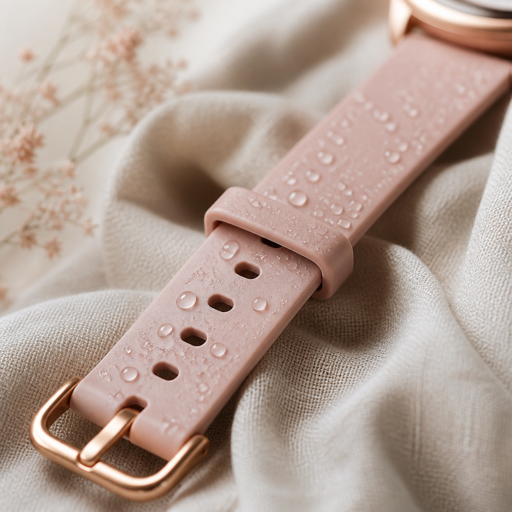 A close-up of a silicone Radley watch strap with water droplets on it.