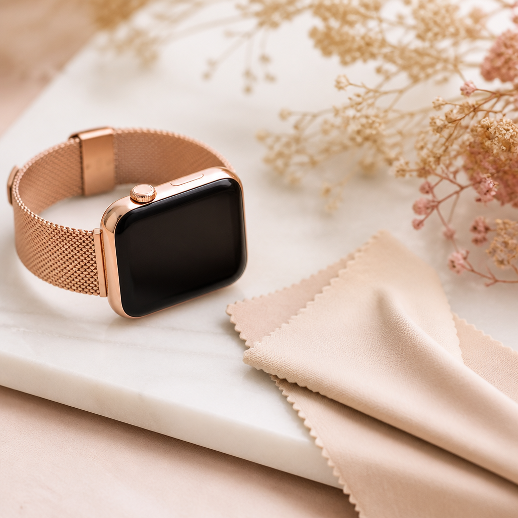 A rose gold Radley watch next to a soft microfibre drying cloth.