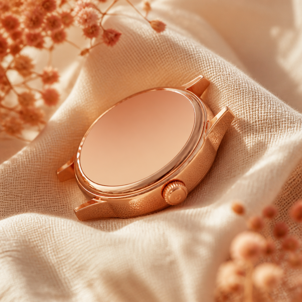 A stylish rose gold smartwatch head laying on a soft cream linen cloth next to a small ceramic bowl of jewellery.