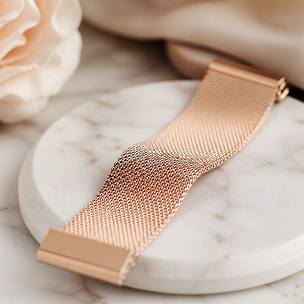 A slim mesh watch strap in rose gold folded elegantly on a marble surface.