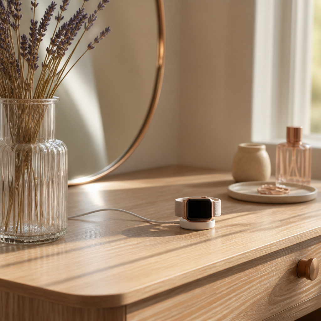 A collection of small jewellery boxes and a delicate watch charger on a wooden dresser.