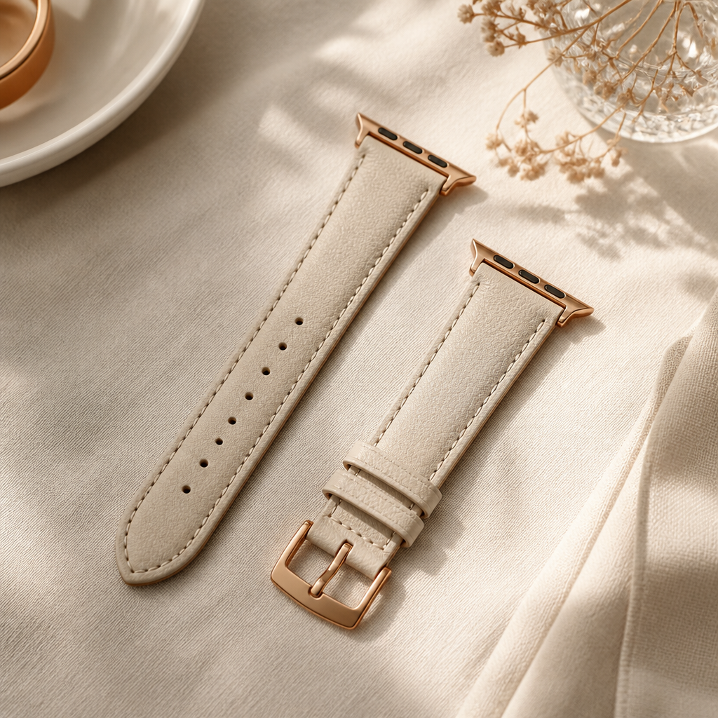 A stylish Radley watch strap resting on a soft blush-coloured fabric with rose gold accessories nearby.