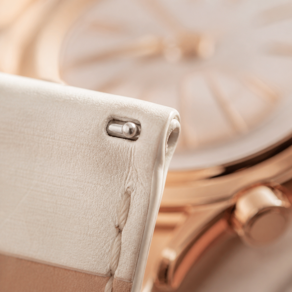 A close-up view of a leather watch strap showing the small metal quick-release lever.