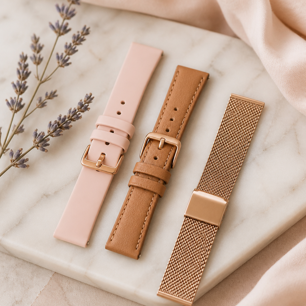 A collection of various watch straps in different colours and materials arranged neatly.