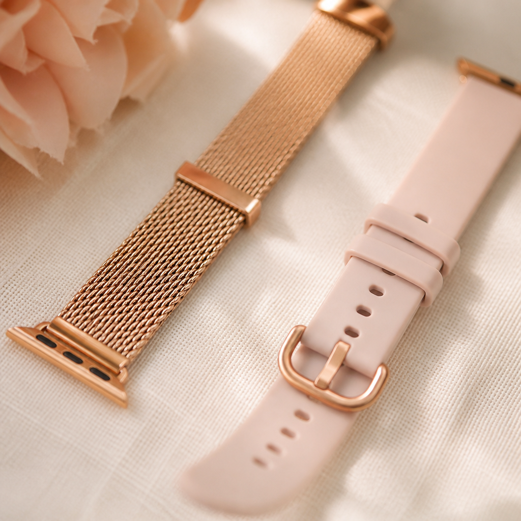 A close-up of a stylish wristwatch strap resting on a soft blush-toned fabric next to a small metal adjustment tool.
