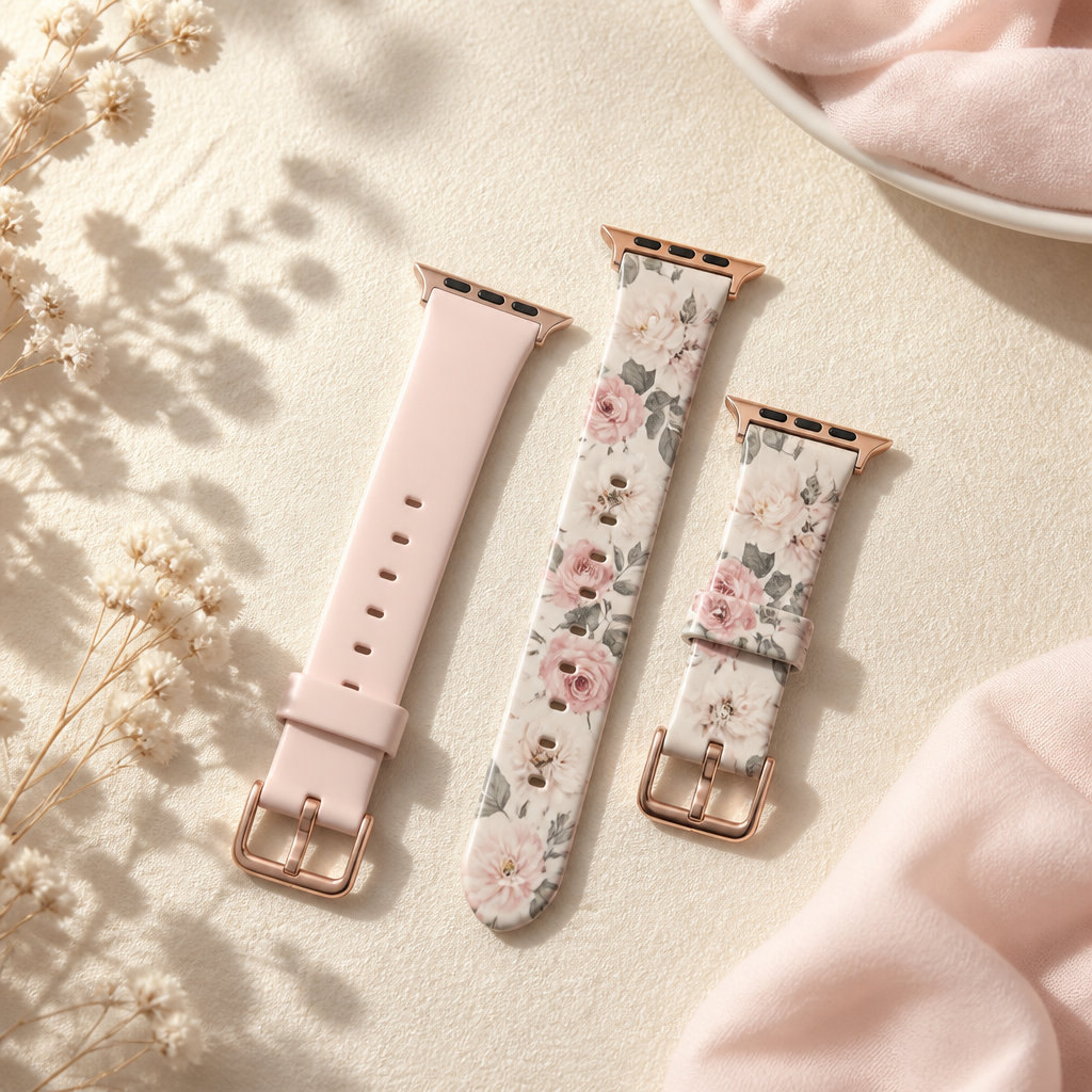 Two different Radley-compatible straps, one blush pink silicone and one patterned, laid side-by-side.