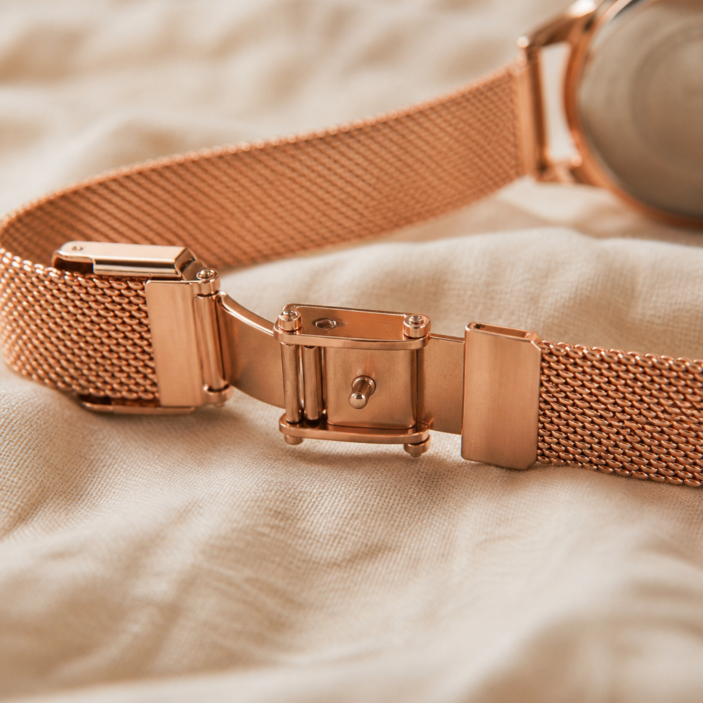 Close up of a rose gold mesh watch strap with the clasp open.
