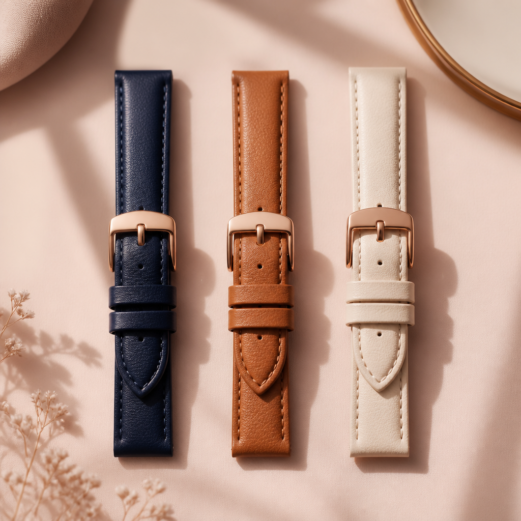 A selection of colourful watch straps arranged neatly on a pastel background.