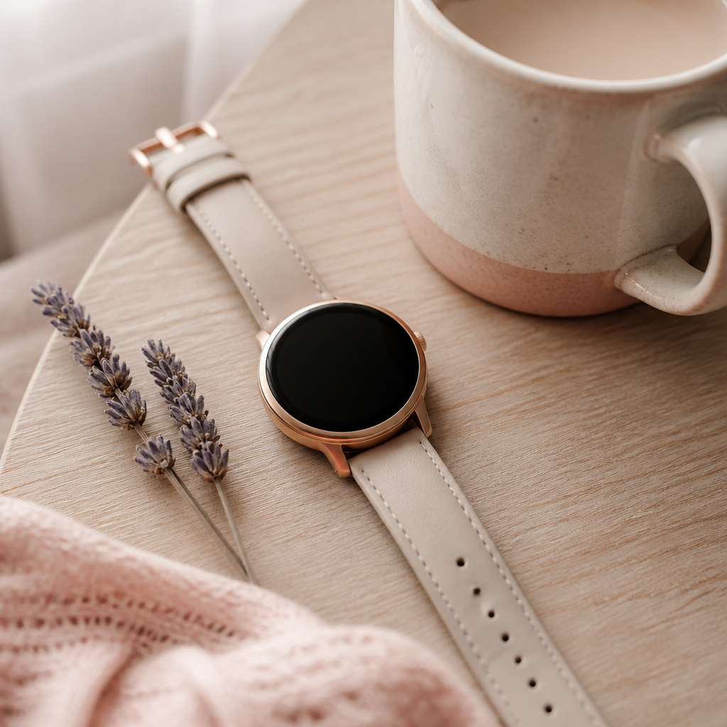 A stylish smartwatch with a leather strap resting on a wooden surface next to a cup of tea.