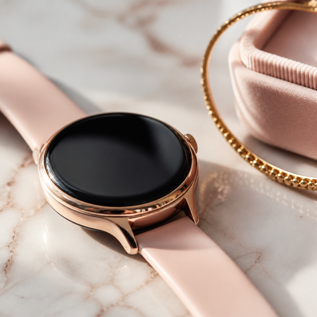 A close-up of a designer watch on a marble vanity next to some jewellery.