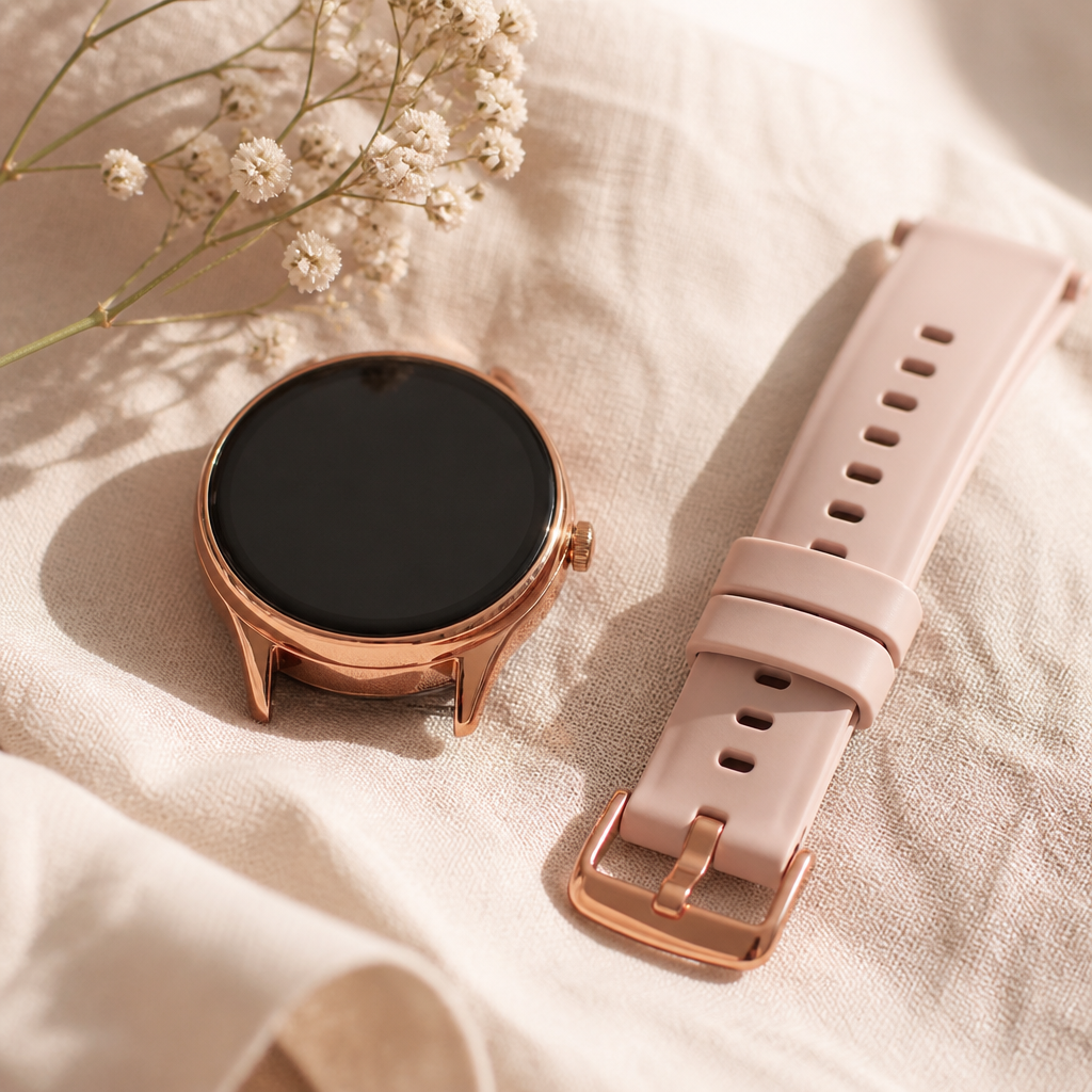 A stylish silicone watch strap in soft pink positioned next to a rose gold watch case on a textured linen surface