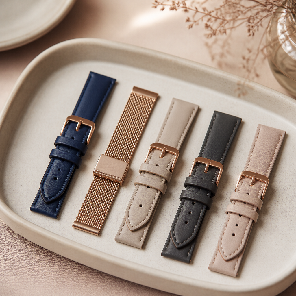 A selection of different coloured watch straps organized neatly on a tray