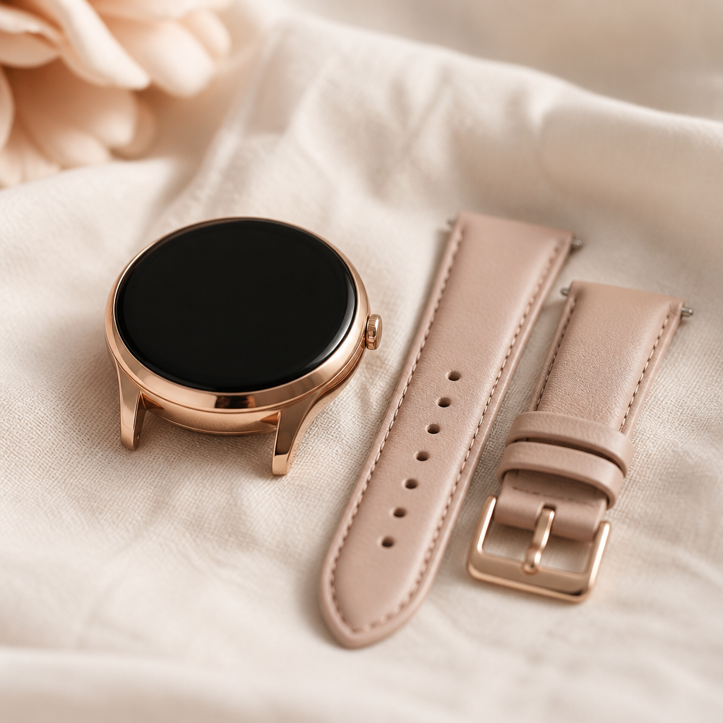 A stylish Radley smart watch resting on a marble surface next to a soft leather replacement strap and rose gold jewellery.