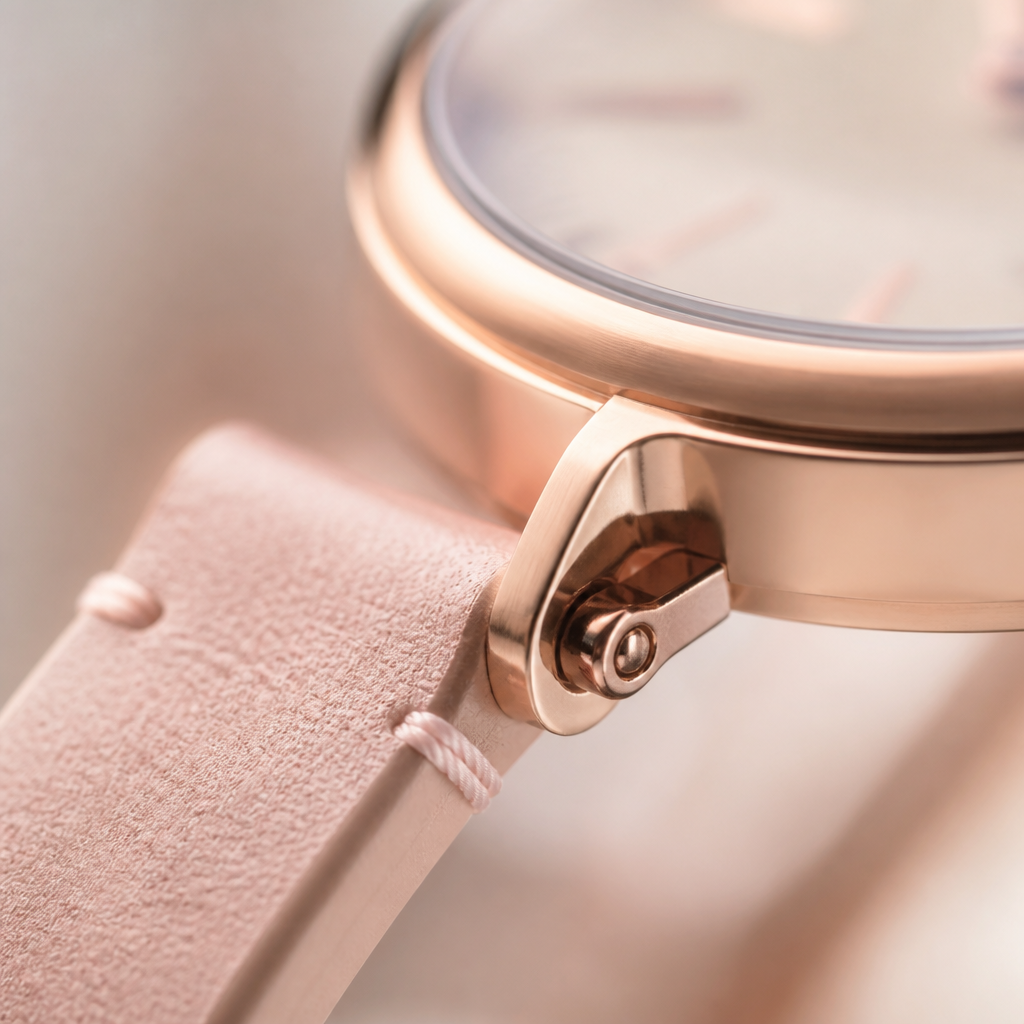 A close up of a watch lug showing the quick release pin mechanism.