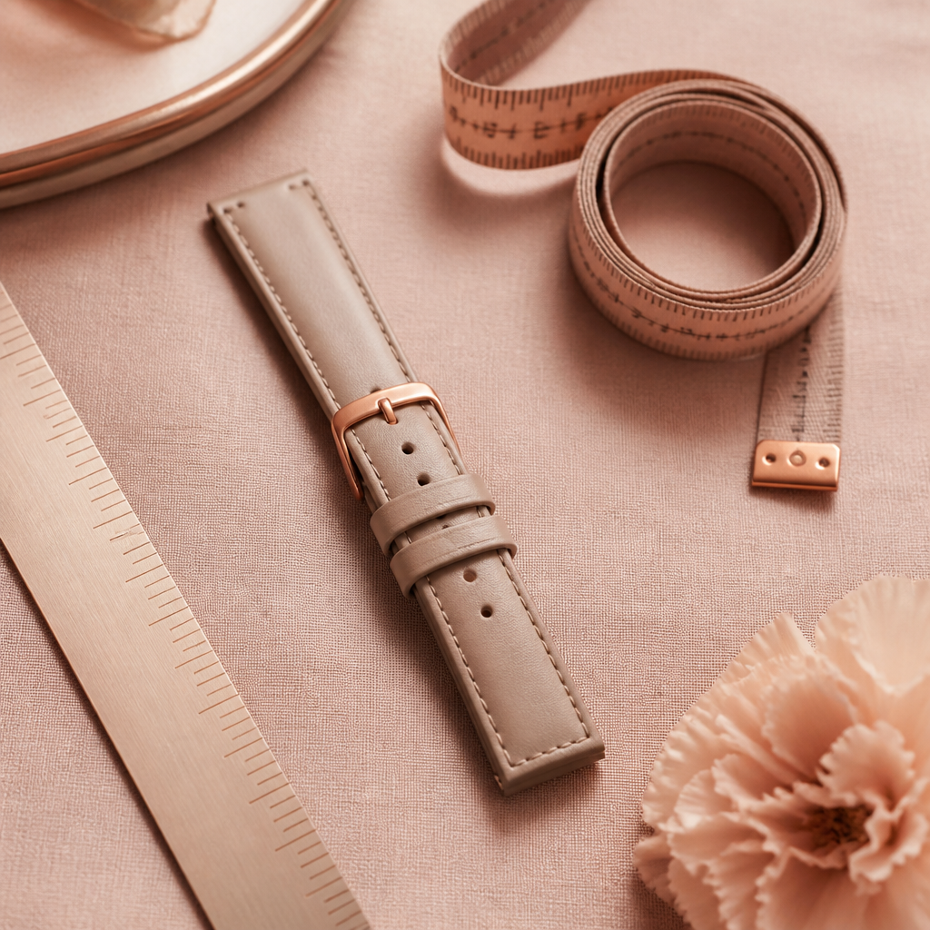 A top-down view of a soft leather watch strap next to a vintage brass ruler on a textured cream surface.