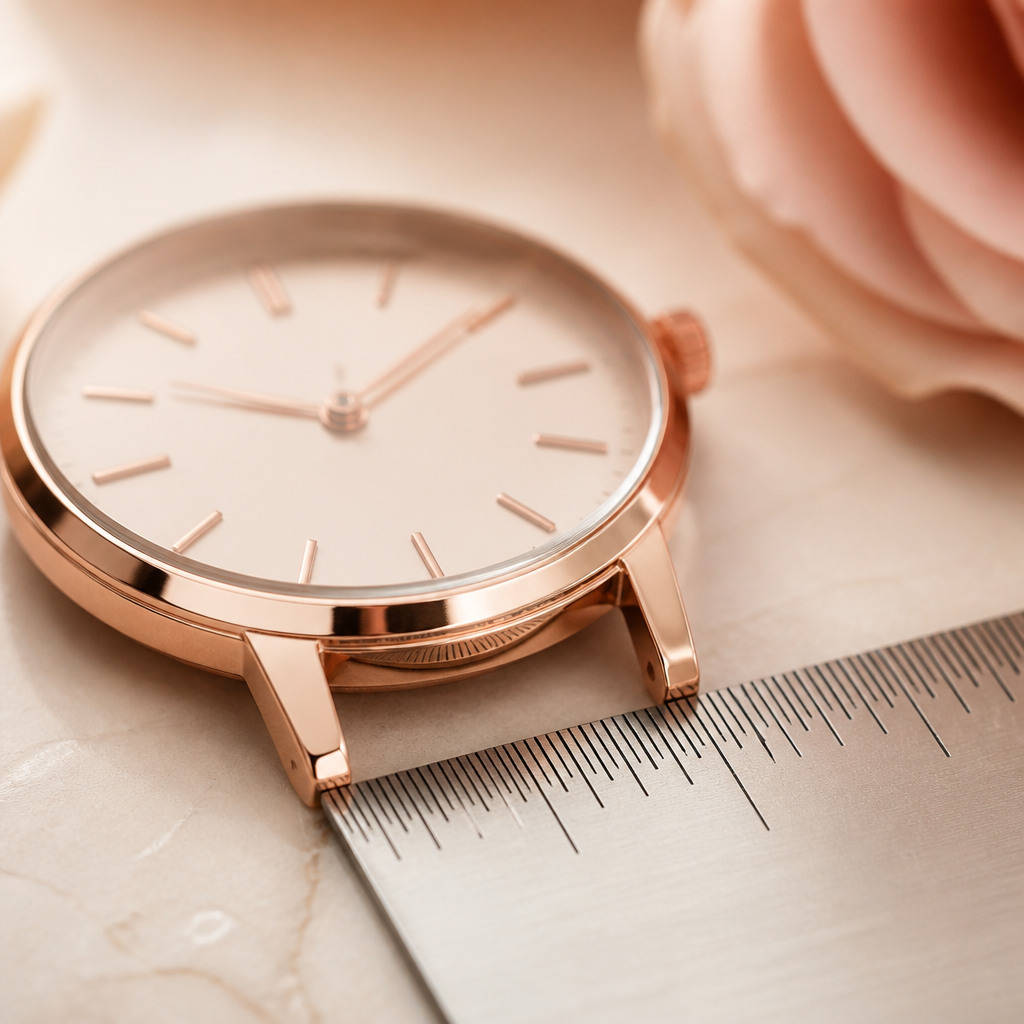 A close up of a rose gold watch casing showing the space between the lugs with a millimetre ruler.