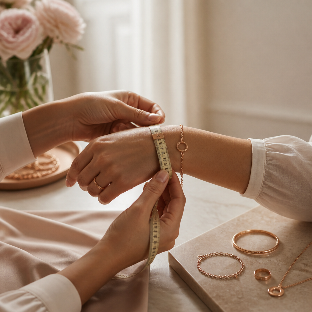 A woman wrapping a soft measuring tape around her wrist in a bright, sunlit room.