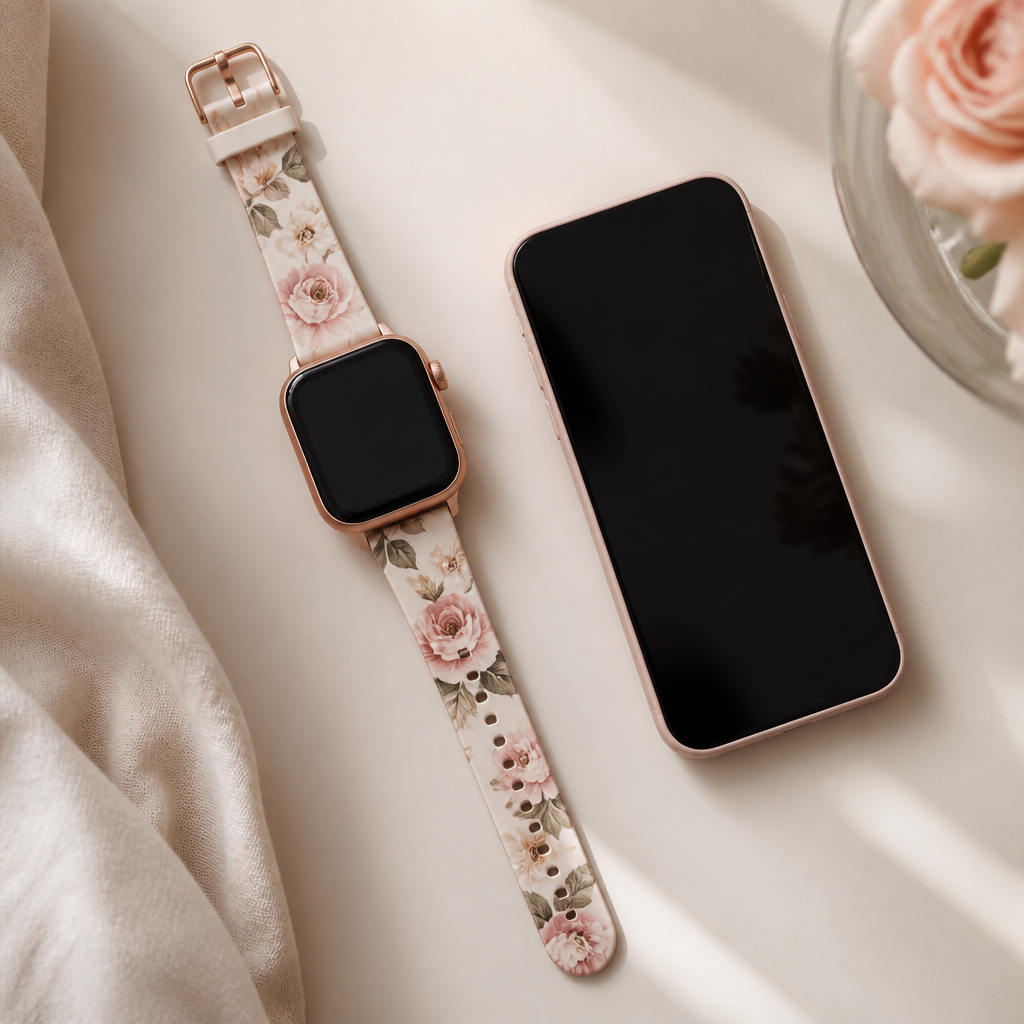 A stylish Radley London silicone strap smartwatch rests on a light oak table alongside a modern white smartphone.