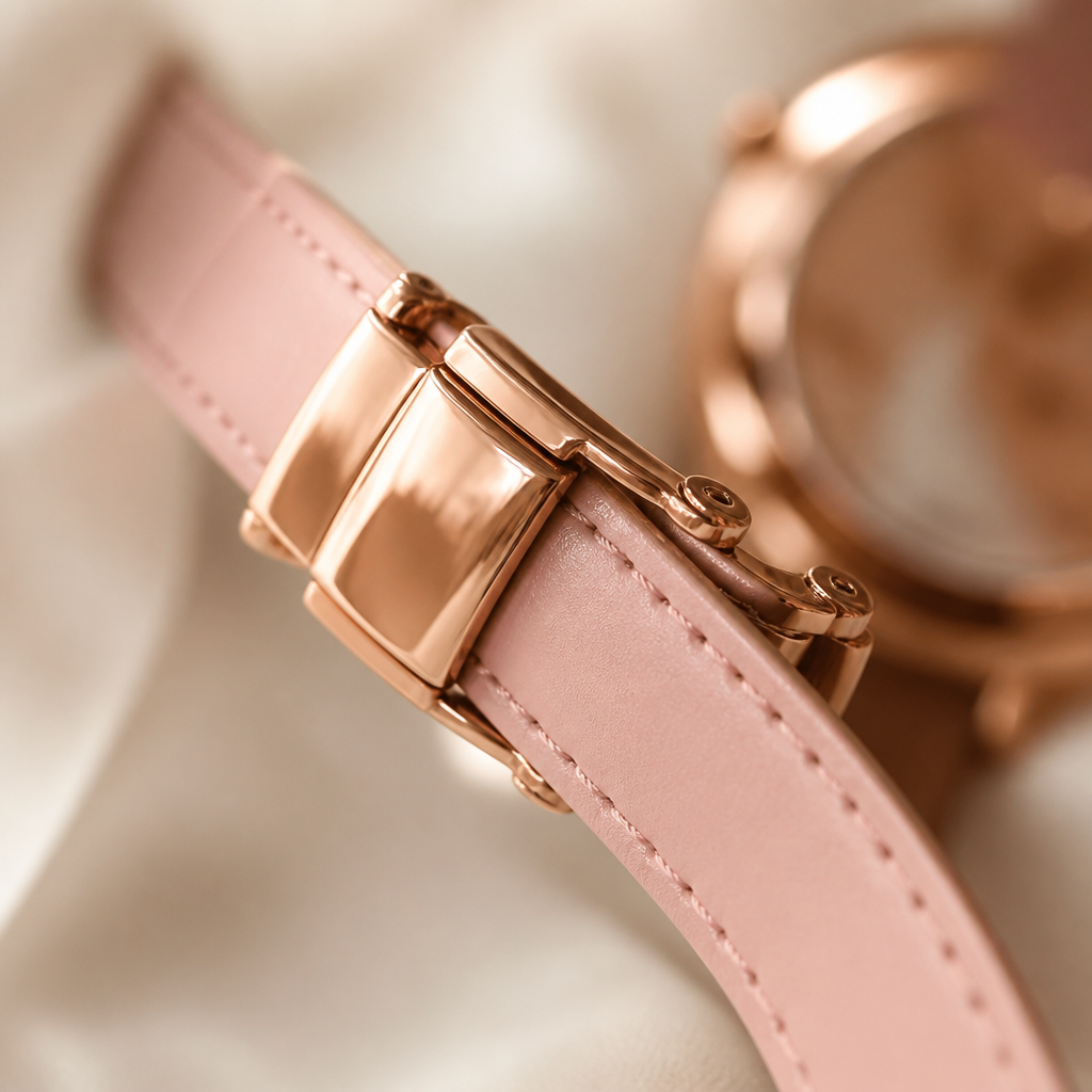 A close up of a rose gold watch buckle and a soft pink silicone strap against a neutral background.