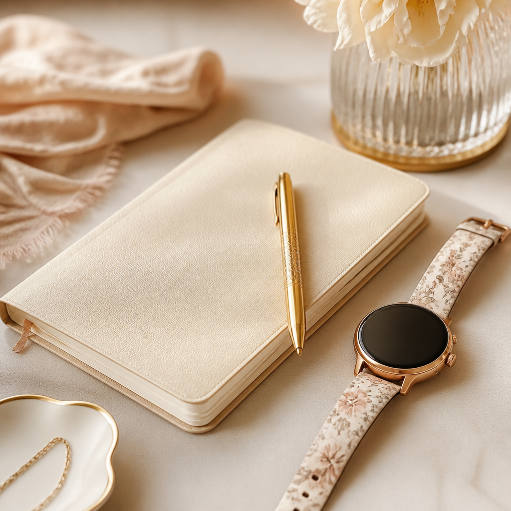 A stylish desktop setup with a notebook, a gold pen, and a Radley watch resting on a leather coaster.