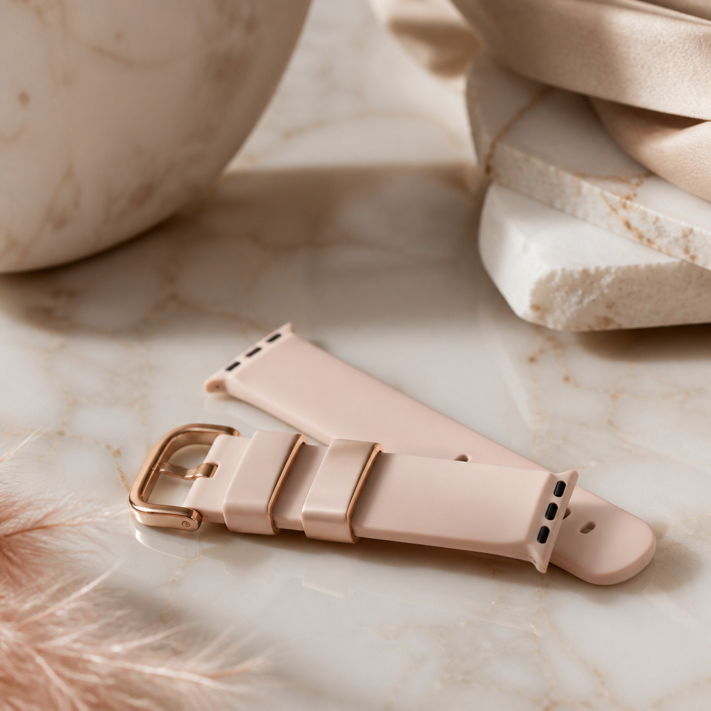 Close up of a rose gold watch buckle and a soft pink silicone strap.
