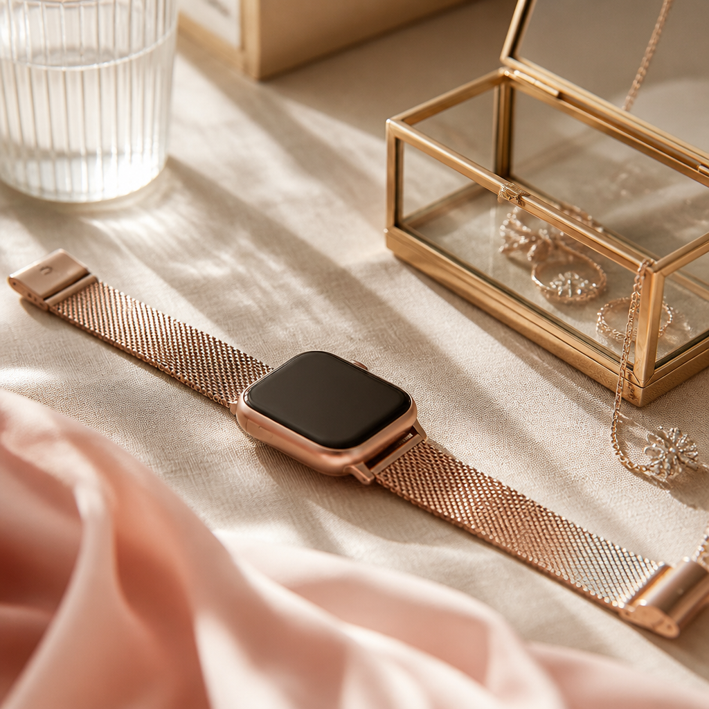 A Radley watch sitting on a vanity table next to a jewellery box.