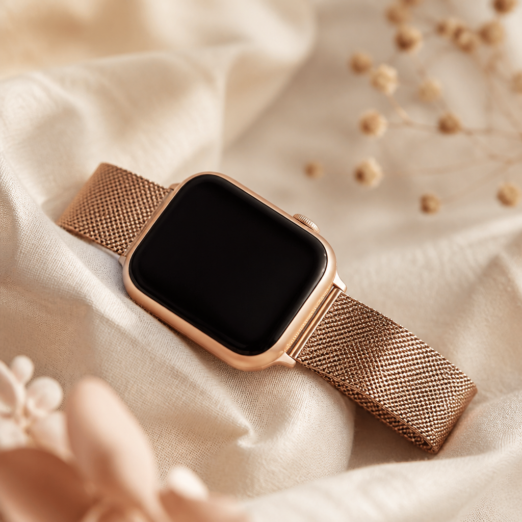A stylish rose gold smartwatch resting on a soft cream linen surface next to a small leather pouch.