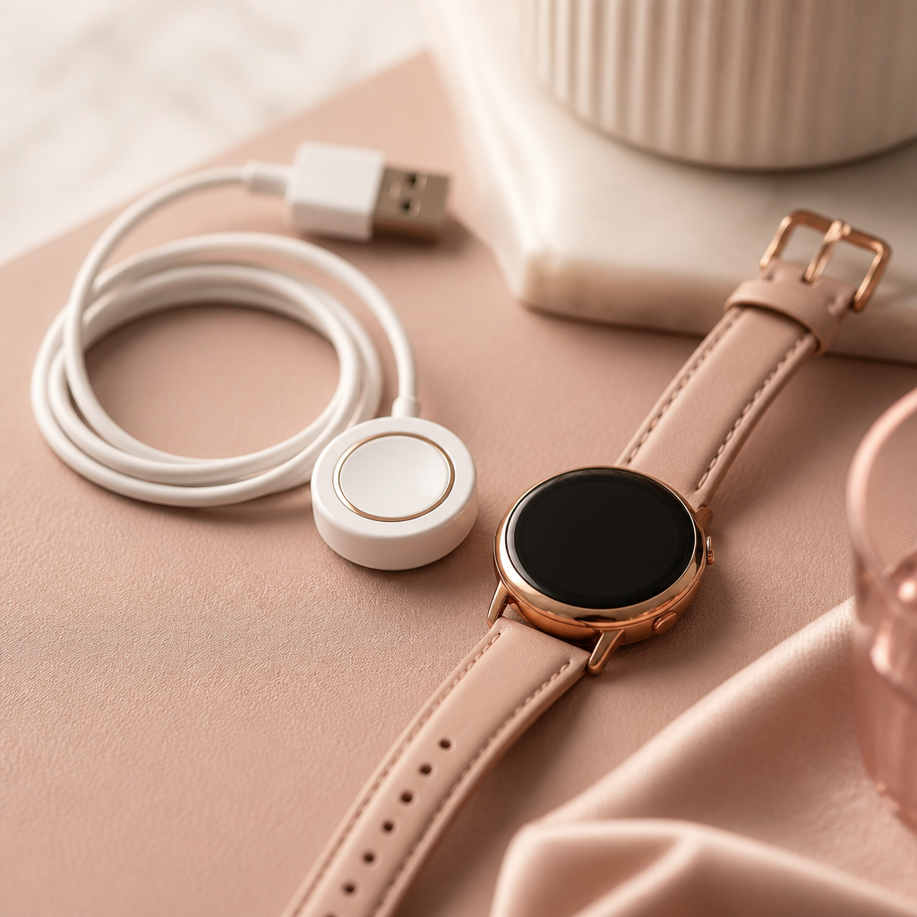 A close-up of a smartwatch charger and a delicate leather strap on a wooden bedside table.