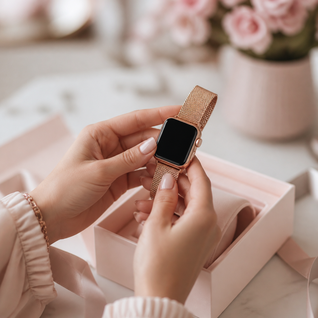 A woman's hand placing a smartwatch into a branded gift box.