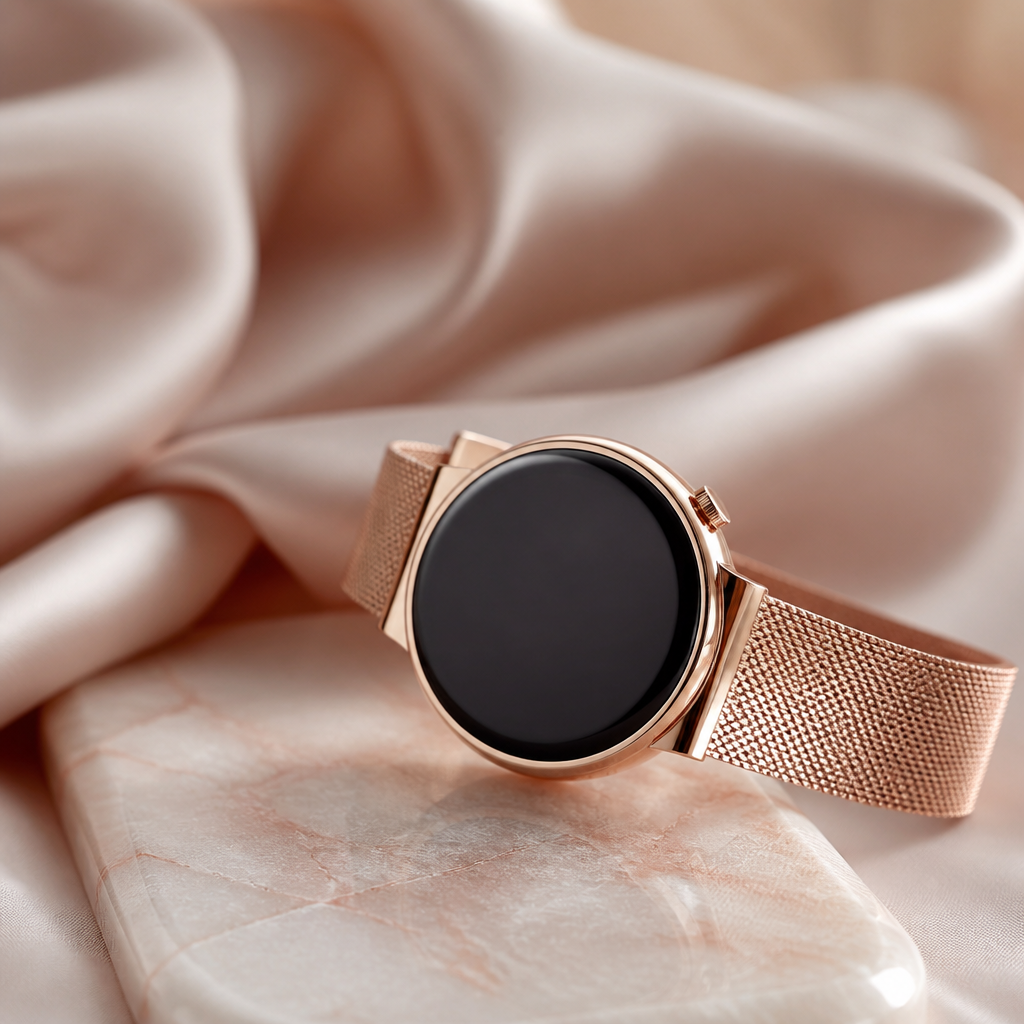 A stylish rose gold Radley watch resting on a marble surface next to a blush pink notepad and a gold pen.