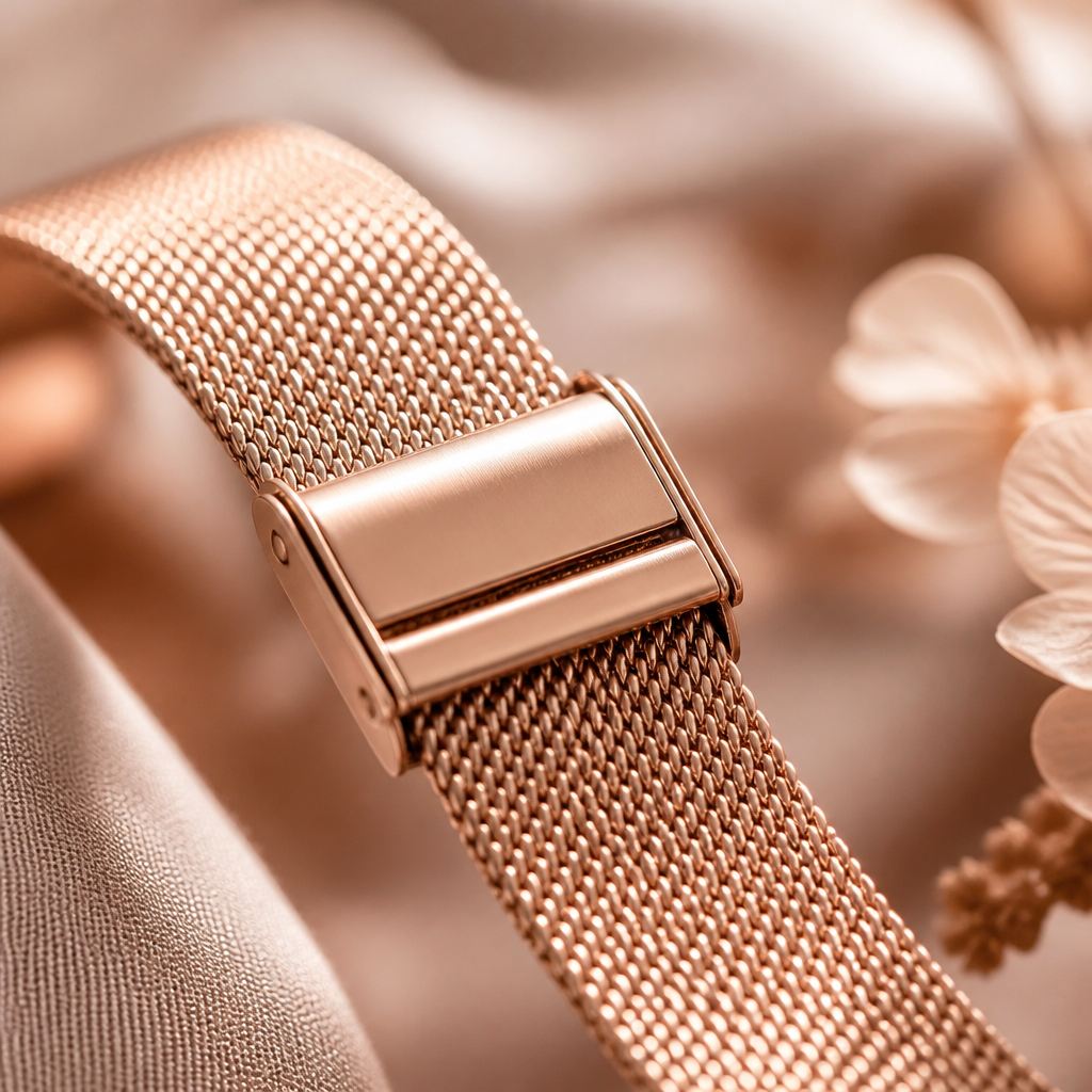 Close-up of a delicate rose gold watch strap with a quick-release pin on a soft velvet cushion.