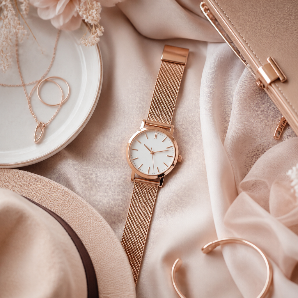 A flat lay of a fashion watch, a leather purse, and a pair of spectacles on a neutral linen fabric.