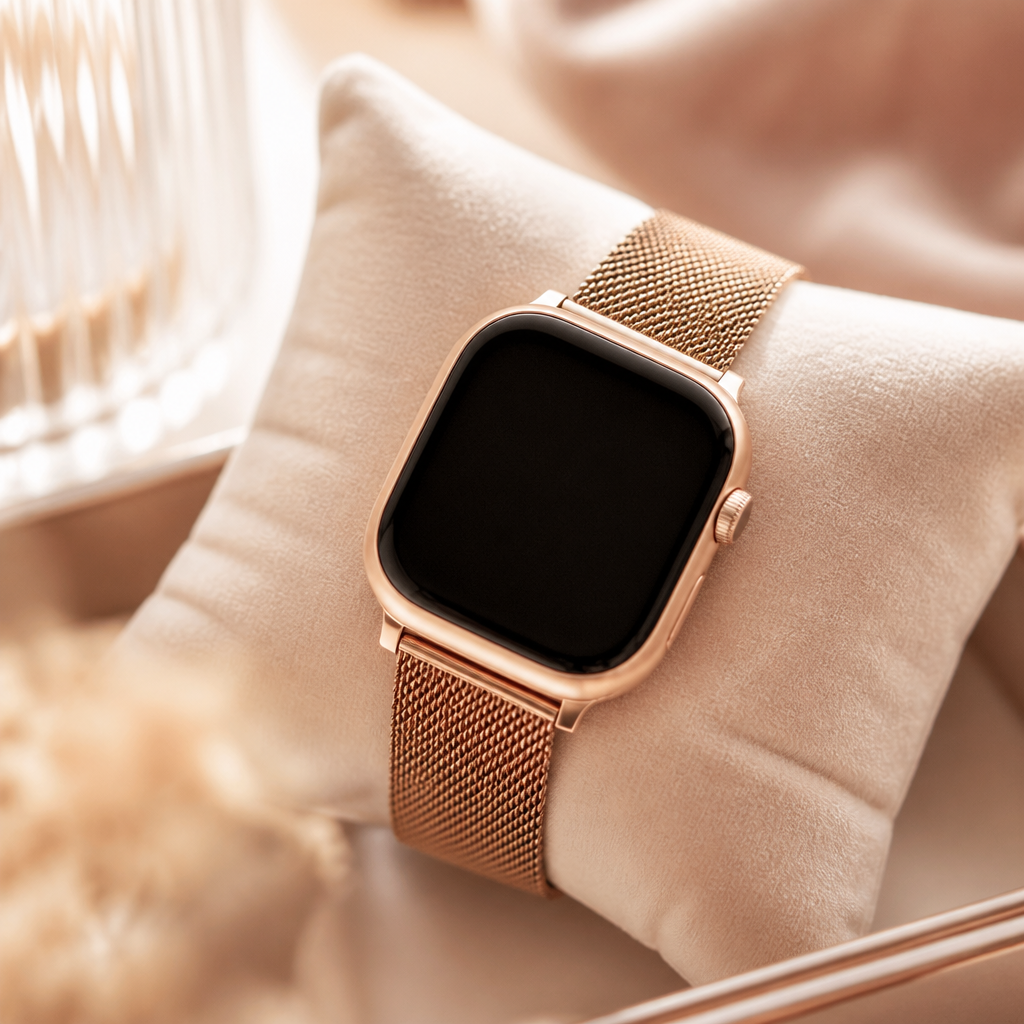 A stylish rose gold smartwatch sitting on a marble bedside table next to a sprig of dried lavender.