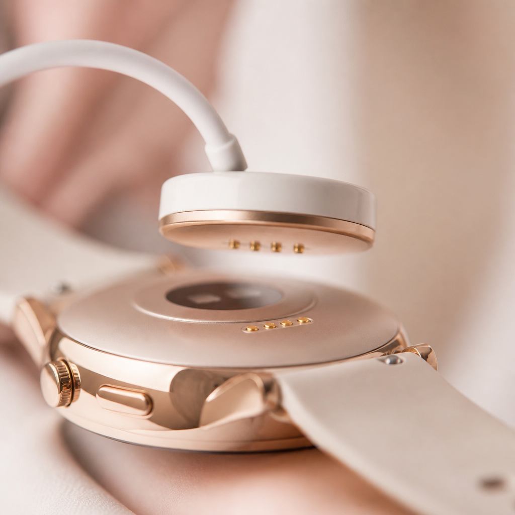 A close up of a smartwatch charging cable being held near the back of a watch casing.