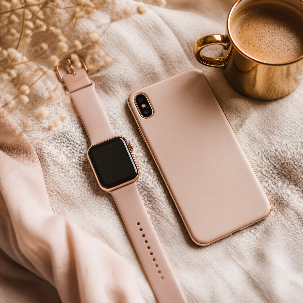 An overhead shot of a smartwatch and a smartphone resting on a beige linen tablecloth.