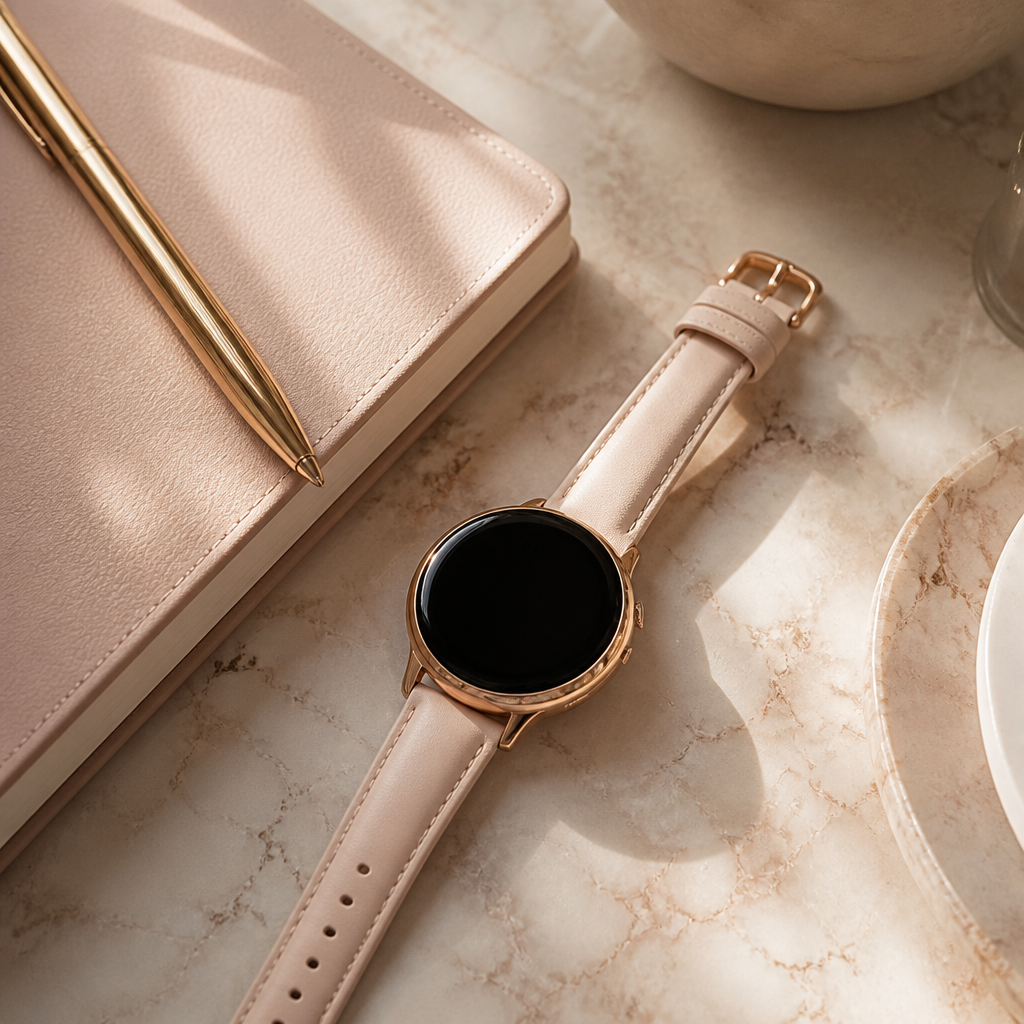 A stylish London-themed scene with a watch resting on a marble table next to a soft pink diary and a gold pen.