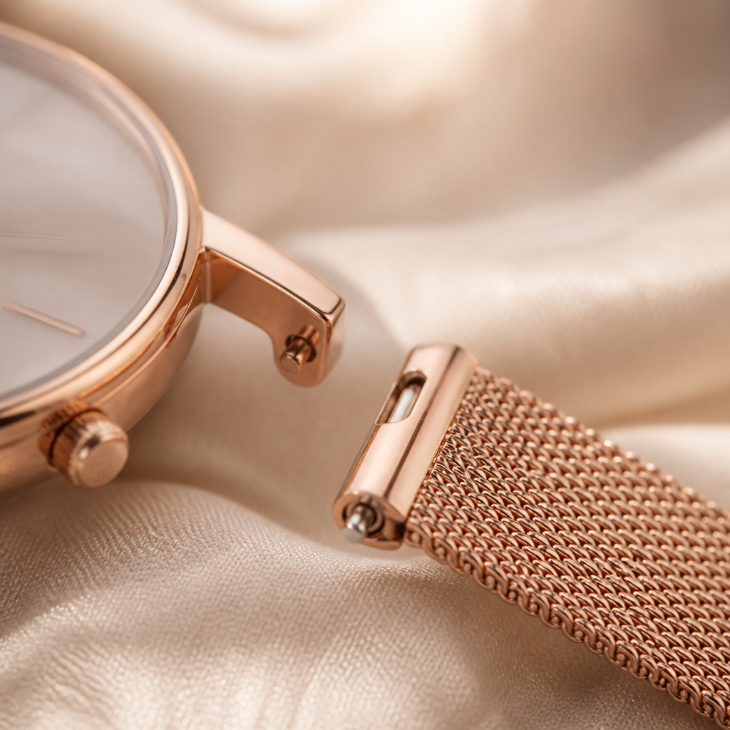 Close up of a watch strap with quick-release pins on a cream background.