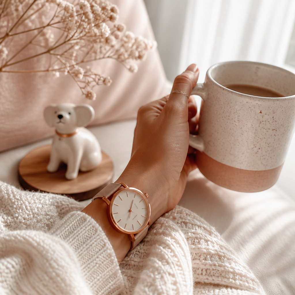 A woman's wrist wearing a watch next to a cup of tea and a small dog figurine.