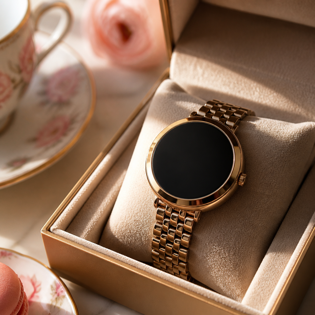 A stylish rose gold smartwatch laying on a light cream marble surface next to a cup of milky tea.