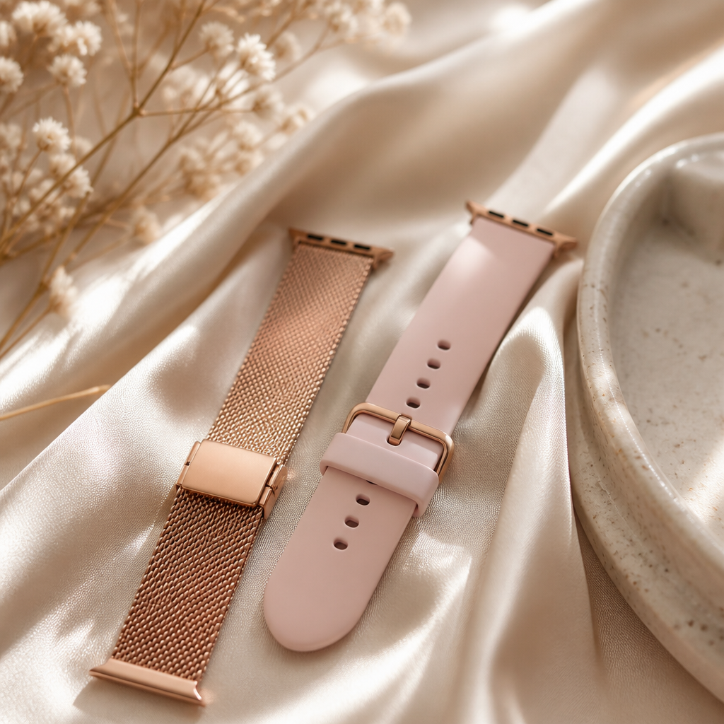 A close up of two different watch straps, one mesh and one silicone, on a blush pink background.