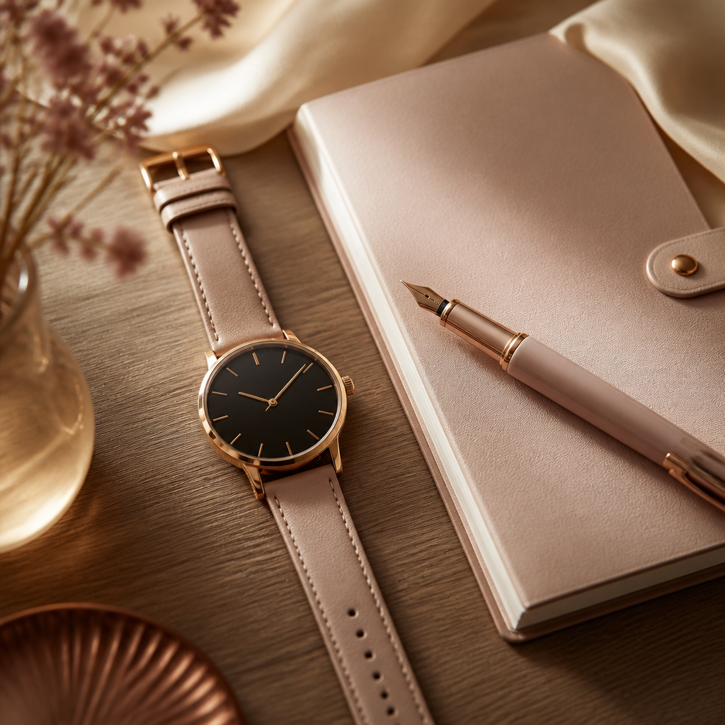 A Radley-style watch sitting next to a pile of leather-bound journals and a gold pen.