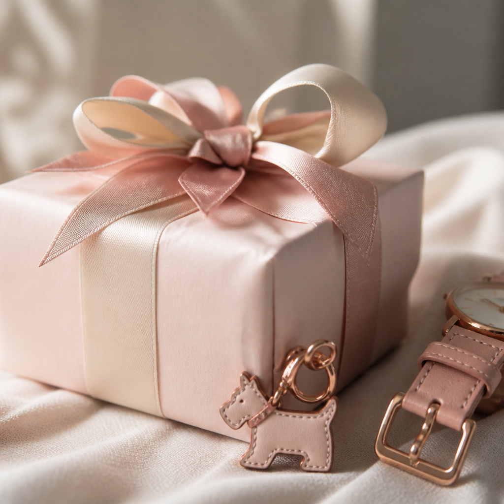 A gift-wrapped box next to a stylish watch strap and a Radley Scottie dog charm on a soft blush background.
