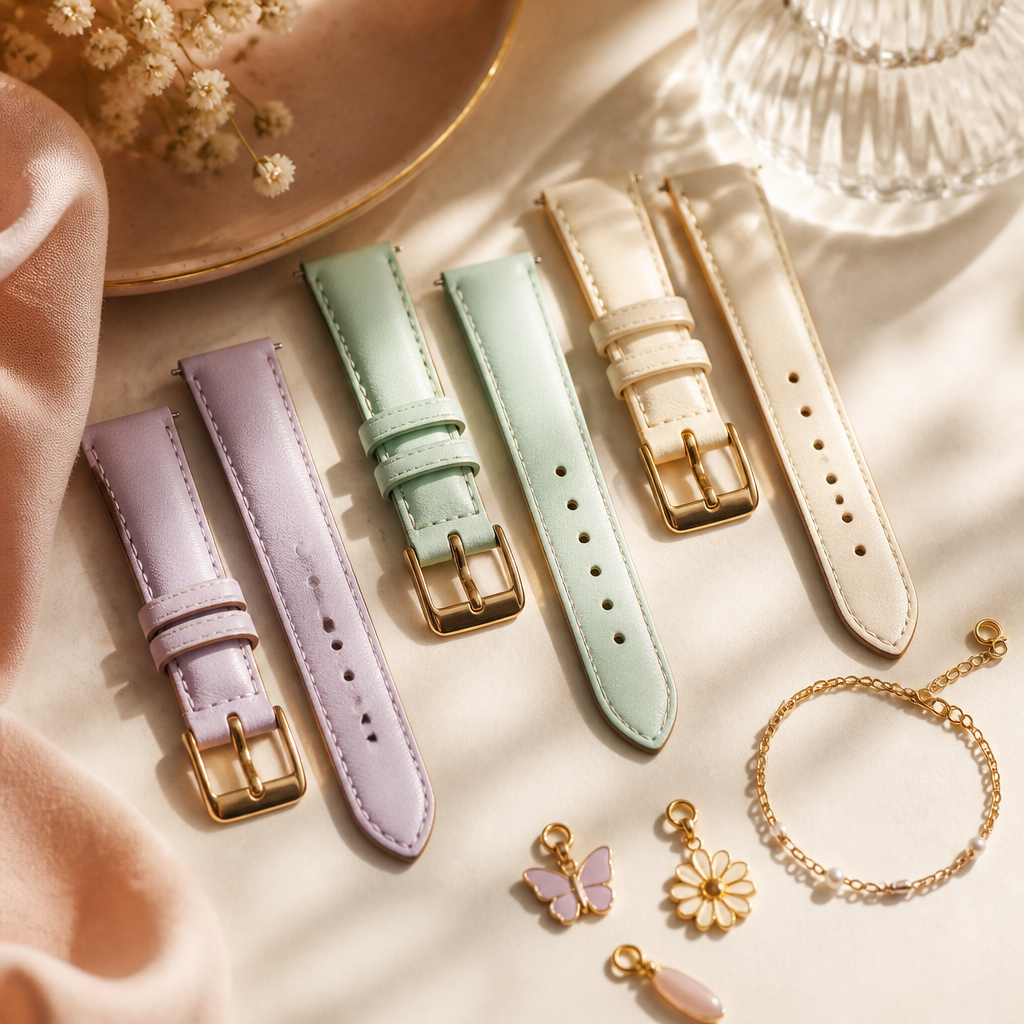 A collection of pastel leather watch straps and rose gold jewellery on a velvet tray.