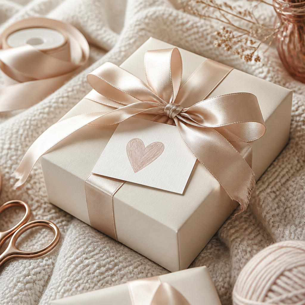 A close-up of a decorative gift tag and a sprig of dried lavender on a cream package.