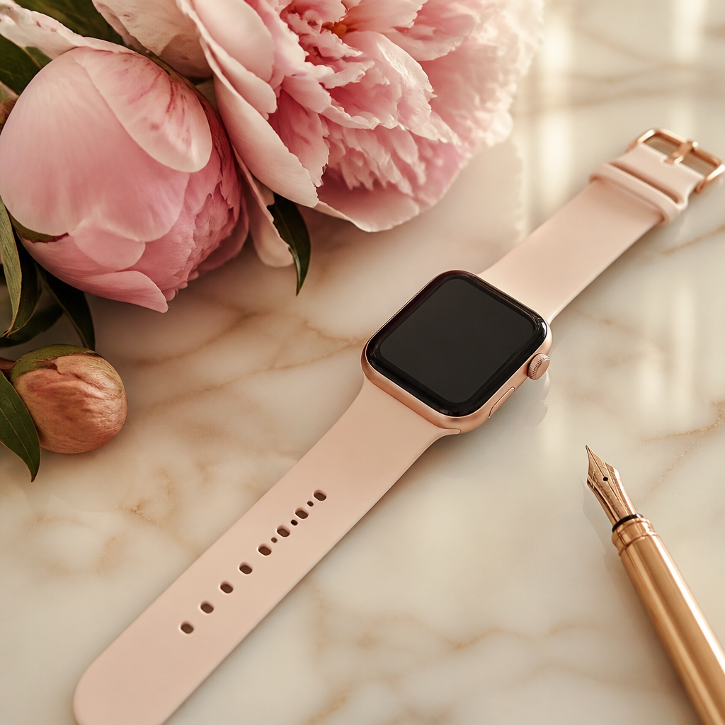 A stylish Radley smartwatch lying on a marble surface next to a gold fountain pen and a silk scarf.