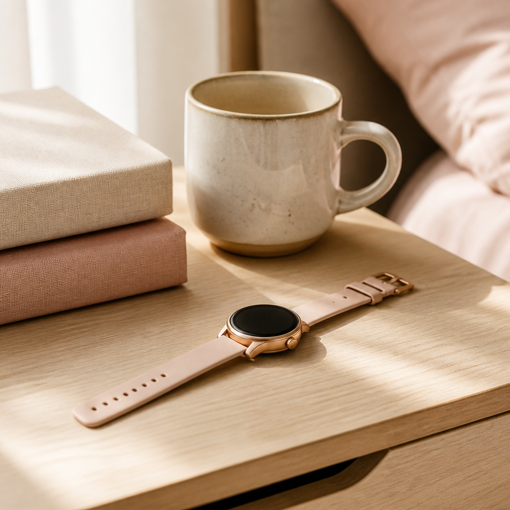 A Radley watch sitting on a bedside table next to a glass of water.