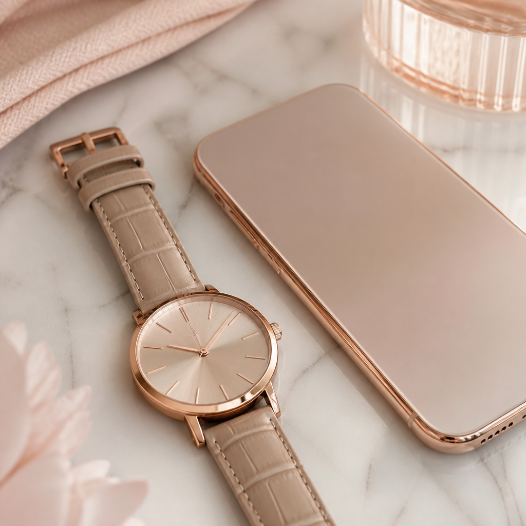 A stylish Radley smartwatch resting on a marble surface next to a smartphone and a cup of tea.