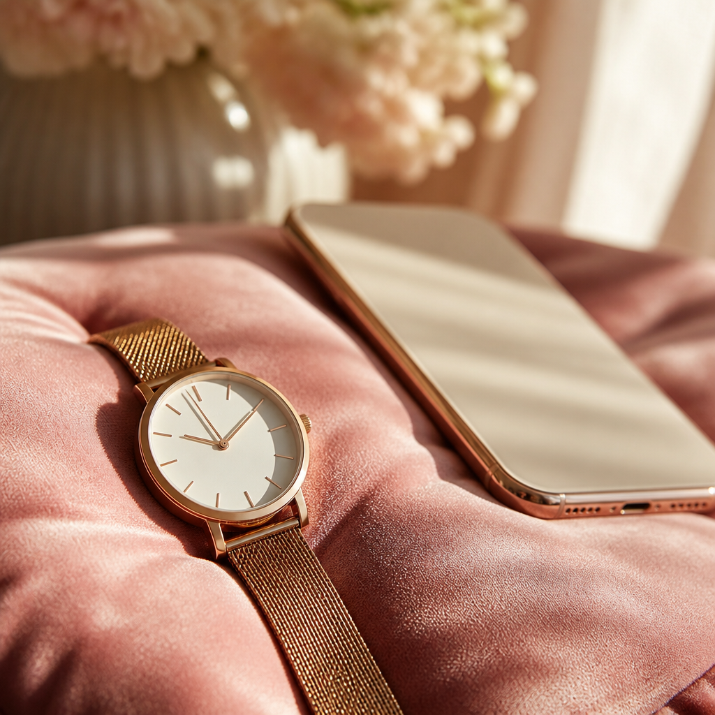 A close up of a smartwatch strap and a smartphone on a soft pink velvet background.