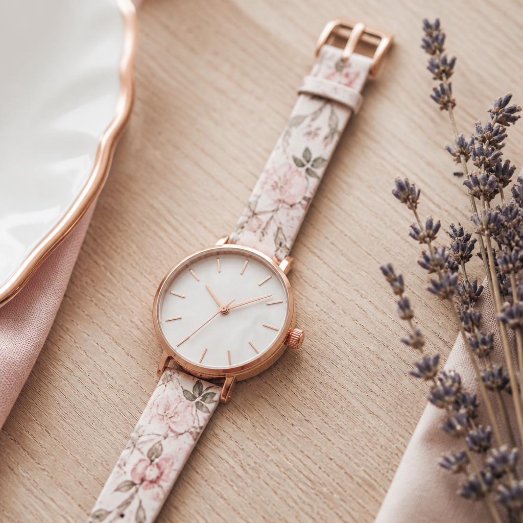 A Radley watch on a wooden table next to a sprig of lavender.